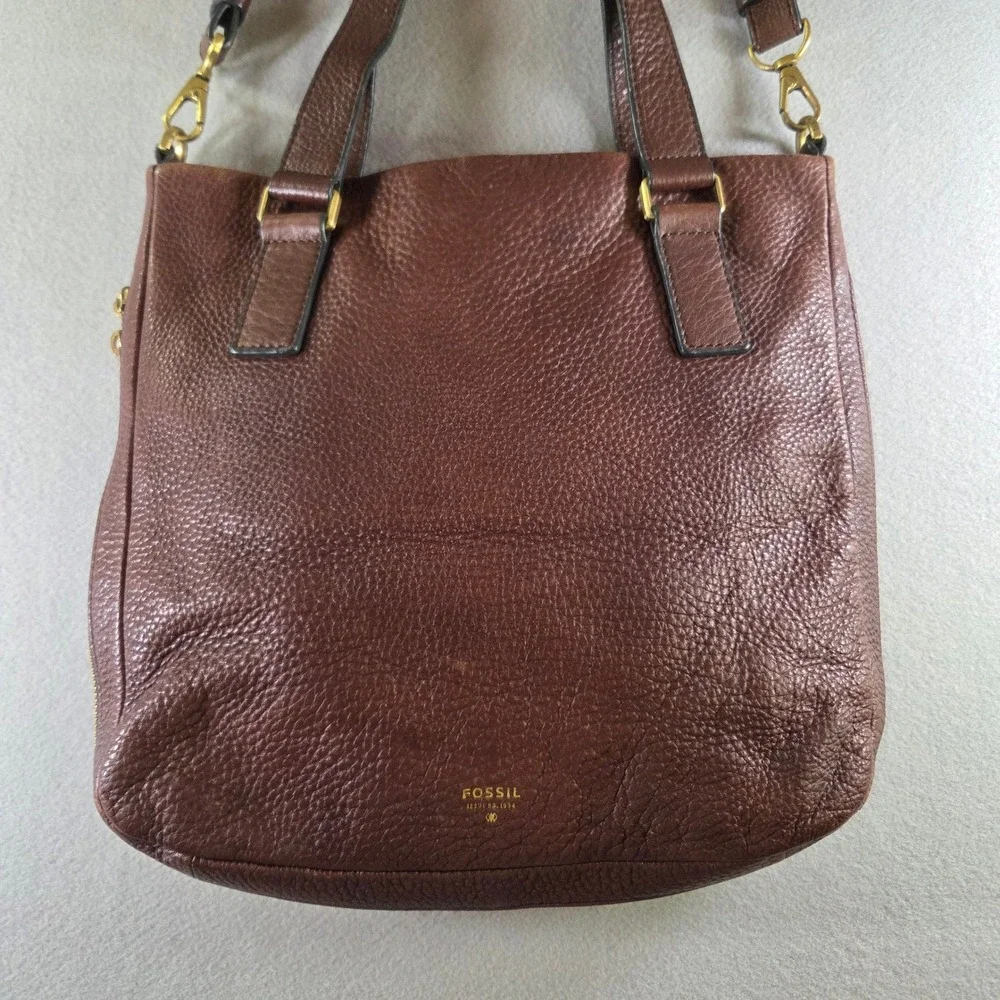Fossil Preston Explorer Zip Around  Brown Pebbled Leather Tote Crossbody Bag